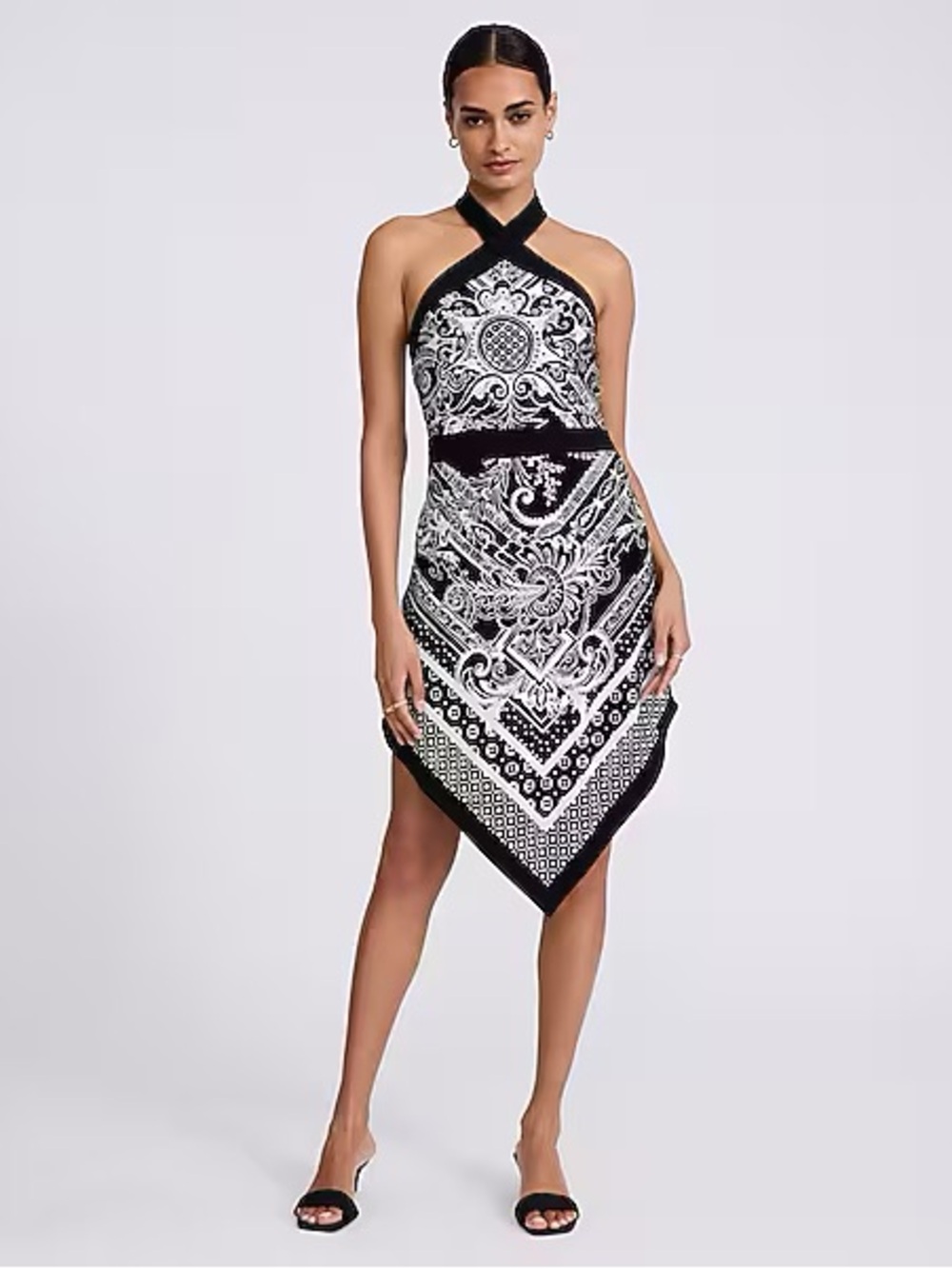 Express Black and White Asymmetrical Halter Dress